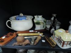 A selection of stationary and ceramics including carved inkwell in the form of a nut and a postal