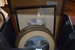 A selection of prints and circular framed mirror