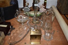 A selection of vintage pressed glass including jugs and bowls and a Swiza carriage clock.