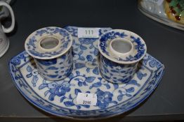 A Chinese export hard paste desk top ink well set having blue and white floral pattern comprising of