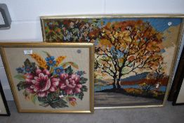 Two wool work embroidery including landscape scene