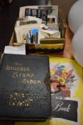 A collection of post cards,autograph books,cigarette cards and a Lincoln stamp album.