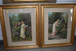 Two large full colour Victorian prints of courtship and oil on board