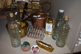 A selection of stove items including sauce pans kettle and brass perpetual calendar