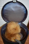 A vintage travel case/ hat case a fur stole/collar and similar.