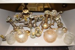 Two gilt brass effect three tier ceiling lamps having etched shades