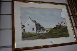 A pastel of a farm stead.