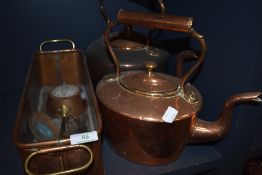 Two copper kettles, a planter,a cow bell and a smiths timer.