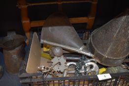 A box of vintage and modern tools and similar including sieve, file, funnel and more.