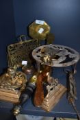 A collection of vintage brass including trivet, letter rack, novelty fly match striker and more.