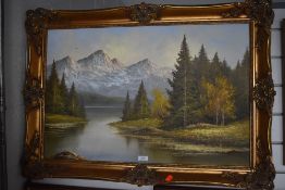 A selection of embroideries and original oil on board in gilt and plaster frame.