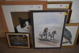 A selection of prints and original art works including gouache of sparrow hawk