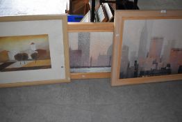 A selection of modernist style prints on board with pine frames