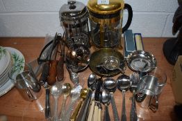A variety of kitchenalia including cutlery and cafetieres, also included is a plated pincushion