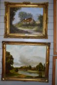 Two original oils on board both in large gilt and plaster frames