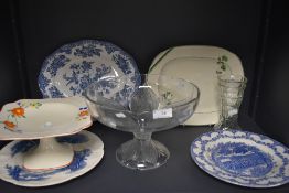 A selection of serving plates and platters including Crown Ducal and glass cake tazza