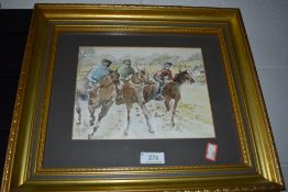 A framed watercolour of local interest 'Morning gallop at Cartmel' by T Kendall
