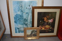 A selection of prints and large picture frames including smaller gilt and plaster effect frame