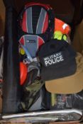 A selection of outdoor activity equipment and accessories including caps bags and Hi vis vest
