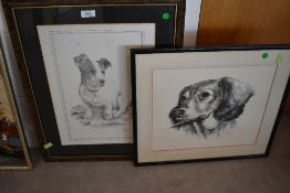 Two black and white prints of dogs including spaniel and jack russel