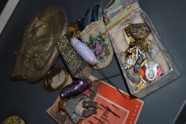 A 1930s framed evening bag with chain handle,three hair slides, hat pins decorative pins and