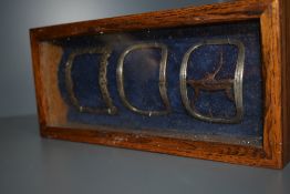 Three antique shoe buckles, possibly silver,mounted in wood and glass case, found under floor boards