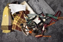 A box of mens vintage accessories including button braces, scarves; including Tootal, and a collar.