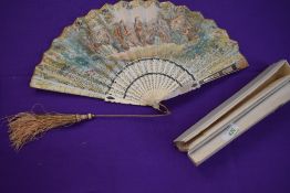 A hand coloured French fan, circa 1840, with lithographic classical scene to front and country