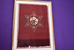 An interesting framed piece of embroidery,possibly a former scarf, shawl or clerical item?? Filigree
