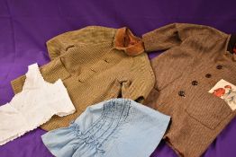 A Victorian blue cotton bonnet an camisole cover,and two childrens vintage wool coats.
