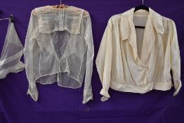 Two antique blouses, one silk or silk blend with large collar the other fine tulle with sailor style