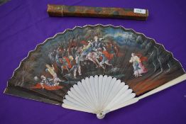 A late 17th/ early 18th century fan, painted to front with mythological battle scene and spray of