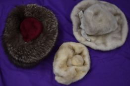 Three vintage 1960s hats, two mink and one fox fur.
