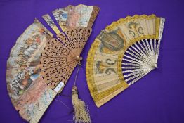 A lot of two fans, one lithographic fan circa 1850s, having fighting bull scene, carved wooden