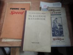Three vintage motorcycle books, tuning for speed, Raleigh handbook, and the motorcycle workshop.