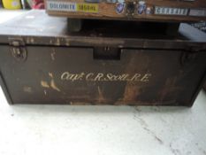 A large chest with inscription for C.R Scott RE including motor related contents of tins,bulbs and