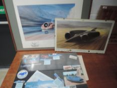 A signed thrust print plus small collection of land speed car prints.