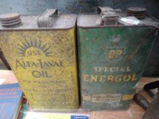 Two gallon advertising oil cans for BP Energol and Alfa-Laval.