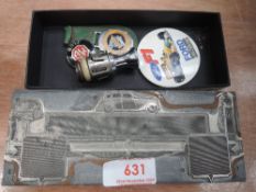 A local interest printing block from A6 garage and assortment of car items