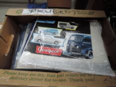 A box of Peugeot advertising literature, mainly 80s to present day, also includes 1958 commercial