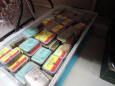 A large quantity of tobacco tins containing various fasteners, screws, nails, rivets and more.