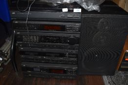 A selection of stackable Hi Fi separates including JVC turntable and cassette deck