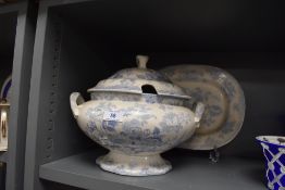 A large lidded soup tureen having transfer design in good order and similar meat charger AF