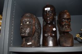 A selection of African heads carved from heavy ethnic woods