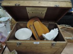 A wooden box with wall mounted brush set,plant pot and candle holder.