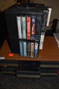 A selection of tape cassettes and storage unit