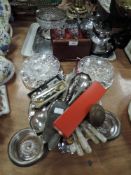 A mixed collection of items including rose bowl, tea pots crystal glasses, plated ware, cutlery