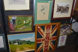 A lot containing seven artworks including two oil on board, two photographs(possibly local) signed