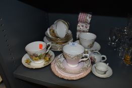 A selection of tea cups and saucers including Royal Kent and Sutherland