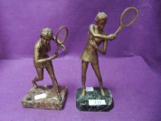 Two bronze cast figures of tennis players Virginia Wade and Christine Truman on marble bases